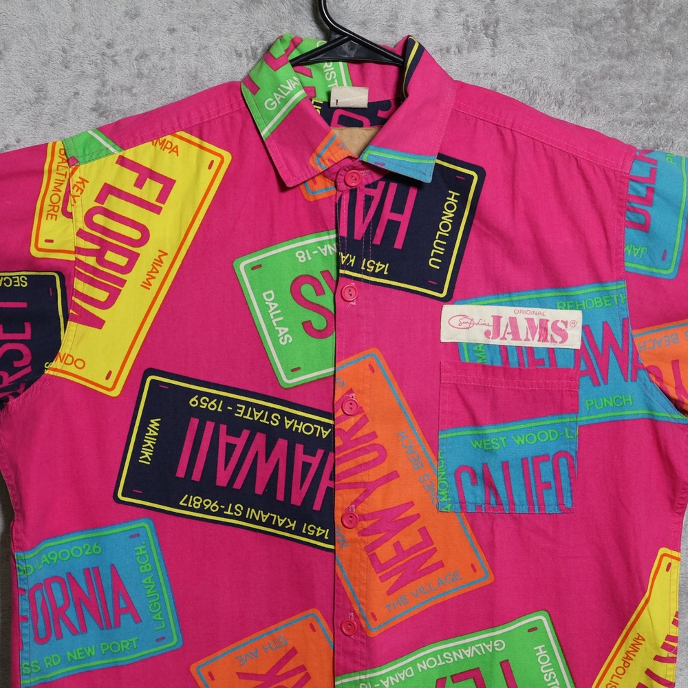 Vintage Original Jams World Shirt Mens Large Pink‎ License Plate Print Casual